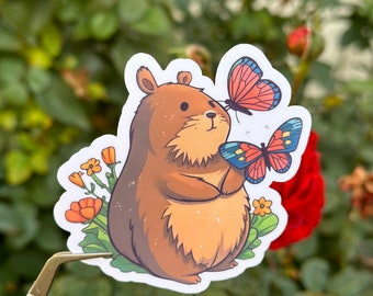 Cute Capybara Happy Sticker-Kawaii Sticker-Animal Lover Sticker-Laptop And Water Bottle Sticker-Butterfly Sticker-Cute Sticker-Gift For Her