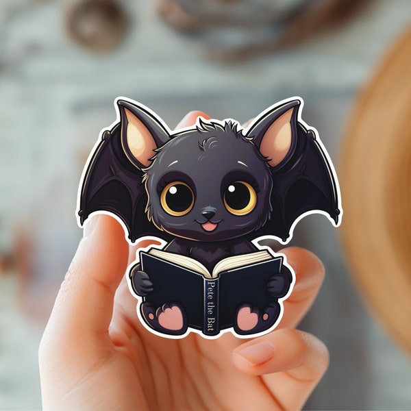 Cute Bat Reading  Kawaii Sticker-Halloween Sticker-Animal Sticker-Trendy Sticker-Bookish Sticker-Kindle Sticker-Holographic Sticker