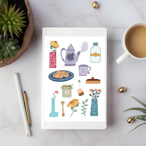 Aquarell Nachmittagstee Vibes Aufkleber Bogen - Niedliche Tee Zeit Aufkleber für Planer, Journals, Scrapbooking-Geschenk für Teeliebhaber-Tee Set Art