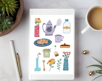 Watercolor Afternoon Tea Vibes Sticker Sheet- Cute Tea Time Stickers for Planners, Journals, Scrapbooking-Gift For Tea Lovers-Tea Set Art