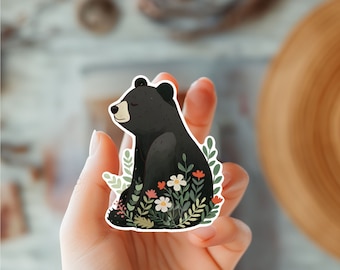 Schattige bloemen beer sticker-beer slapen en ontspannen sticker-dier sticker-dieren in het wild sticker-beer minnaar cadeau sticker-natuur geïnspireerde sticker
