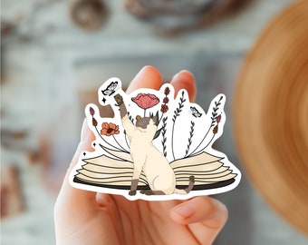 Kat op boek sticker-boekachtige kat sticker-bibliotheek sticker-lezer sticker-cadeaus voor kat moeder en kat vader-kattenliefhebber sticker-trendy sticker