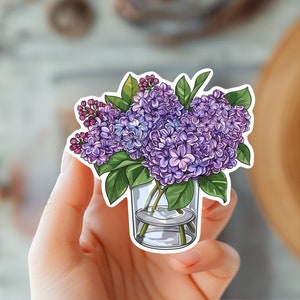 Sticker vase lilas dans un vase en verre - Sticker fleurs printanières - Sticker cadeau pour maman ou fête des mères - Sticker jardin et amoureux de la nature - Sticker fleur