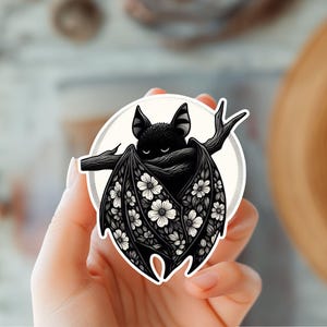 Słodka naklejka z kwiatowym nietoperzem-Naklejka na Halloween-Naklejka ze zwierzęciem-Modna naklejka-Naklejka Kindle-Sztuka botaniczna-Straszne naklejki-Naklejka inspirowana naturą