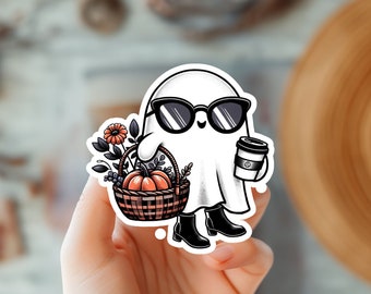Kawaii Ghost Drinking Coffee With Pumpkin In Basket Sticker-Modern Fall Theme Girl Ghost-Cute Autumn Art-Cozy Fall Sticker-Ghost Lover Gift