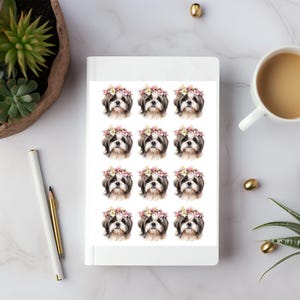 Feuille d'autocollants découpés floral Shih Tzu Kiss - Stickers chien mignon pour agendas et journaux - Cadeau pour propriétaire de chien - Stickers race de chien - Art amateur de chiots et de chiens