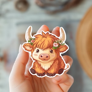 Adorable Cute Baby Highland Cow Kawaii Sticker-Scottish Cow Sticker-Kindle Sticker-Pet And Farm Sticker-Animal Lover Sticker-Cow Decal
