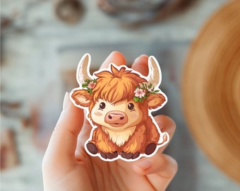Adorable Cute Baby Highland Cow Kawaii Sticker-Scottish Cow Sticker-Kindle Sticker-Pet And Farm Sticker-Animal Lover Sticker-Cow Decal