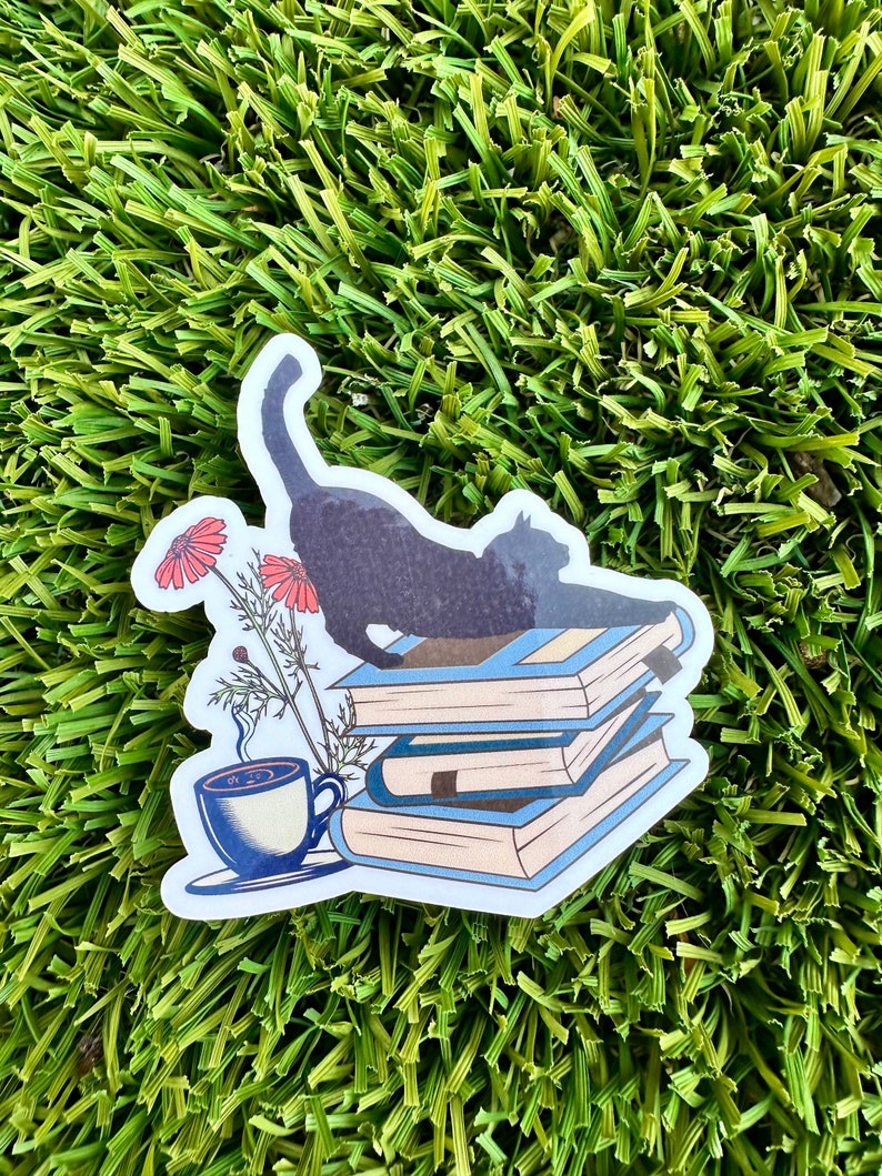 Cat on Book Stickerbookish Cat Stickerlibrary Stickerreader Etsy