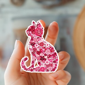 Sticker chat floral rose - Adorable chat avec des touches florales - Cadeau pour les amoureux des chats - Sticker maman chat décoratif floral chat - Sticker art animalier