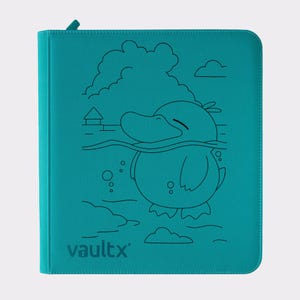 May include: Teal binder with a black line drawing of a cartoon duck swimming in water. The duck is smiling with its eyes closed. The binder has the word "vaultx" printed in white at the bottom.