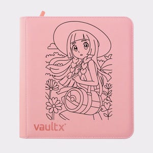 May include: A pink card binder with a black and white illustration of a girl in a hat surrounded by flowers. The word "vaultx" is printed in the lower left corner. The binder has a zipper and a pink pull tab.