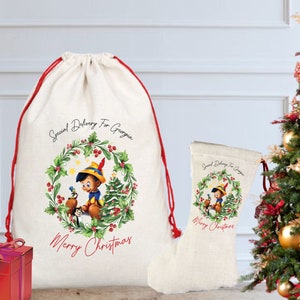 Personalisierter Pinocchio Weihnachtssack / -strumpf, Weihnachtssack, Disney Dumbo, Geppetto, Jiminy Cricket, Heiligabend, Figaro, Weihnachtsgeschenk