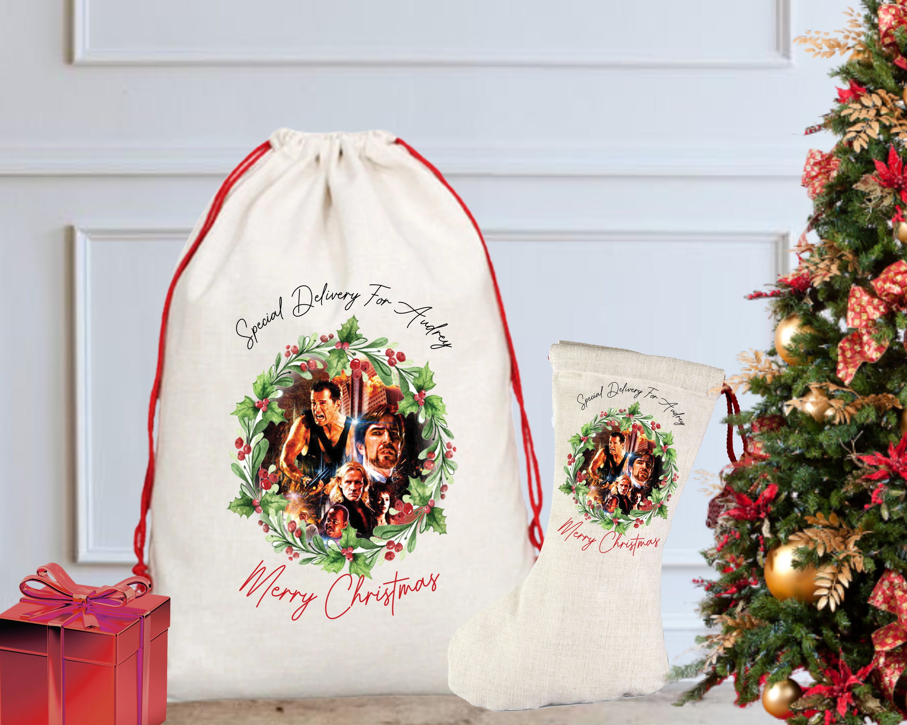 Personalised Die Hard Christmas Sack Stocking, Bruce Willis