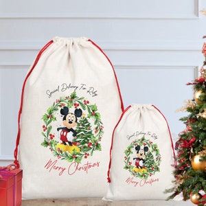 Personalisierter Mickey Sack, Weihnachtssack / -strumpf, Weihnachtsmann-Sack, Geburtstagssack, Ostern-Sack, Spielzeugsack, Heiligabend, erstes Weihnachtsgeschenk