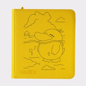 May include: A bright yellow binder with a black line drawing of a cartoon duck swimming in water. The duck is smiling with its eyes closed. The binder has the word "vaultx" printed in the lower left corner.