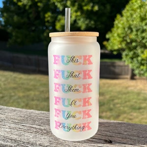 Middle Finger Messy Bun F-ck This 16 oz Frosted Glass Cup Can Tumbler with Bamboo Lid and Straw