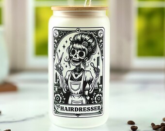 The Hairdresser Tarot Card Glass Cup with Bamboo Lid and Straw