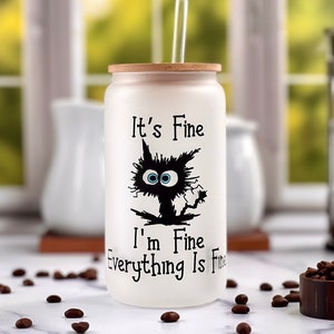 It's Fine Everything Is Fine Black Cat  Frosted Glass 16 oz Cup Can Tumbler with Bamboo Lid and Straw