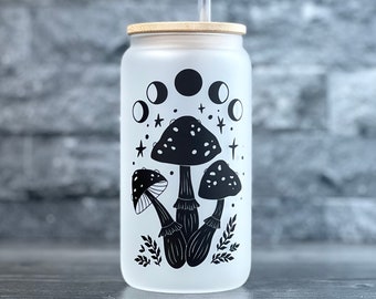 Mushroom Moon Phase Iced Coffee Frosted Glass Cup with Bamboo Lid and Straw