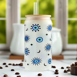 Evil Eye Iced Coffee Frosted Cup 16oz Glass Can Tumbler