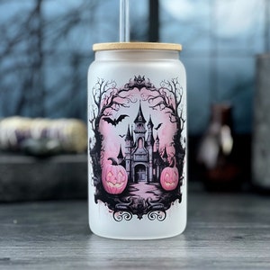 Pink Haunted House Iced Coffee Cup, Pink Halloween Frosted Glass 16 oz Cup Can Tumbler with Bamboo Lid and Straw