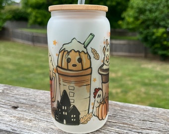 Fall Pumpkin Iced Coffee Latte Frosted Glass 16 oz Cup Can Tumbler with Bamboo Lid and Straw