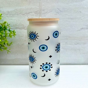 Evil Eye Iced Coffee Frosted Cup 16oz Glass Can Tumbler