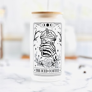 The Iced Coffee Tarot Card Glass Cup with Bamboo Lid and Straw