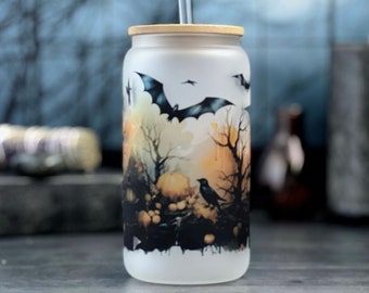 Haunted Iced Coffee Cup, Halloween Tumbler Frosted Glass 16 oz Can with Bamboo Lid and Straw