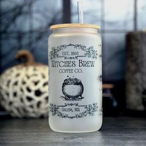 Witches Brew Coffee Co Frosted Glass Can 16oz with Bamboo Lid and Straw