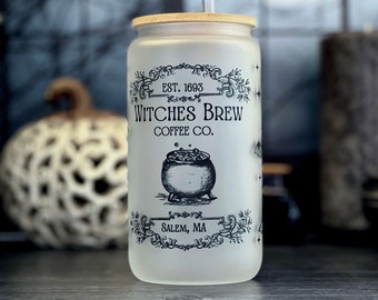 Witch's Brew Coffee Co Frosted Glass 16 oz Cup Can Tumbler with Bamboo Lid and Straw