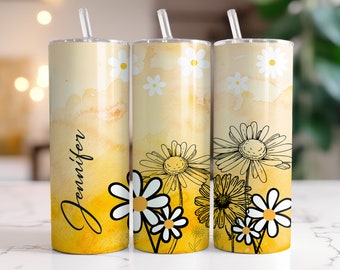 Yellow Daisy Tumbler Personalized Custom 20 oz Tumbler with Straw