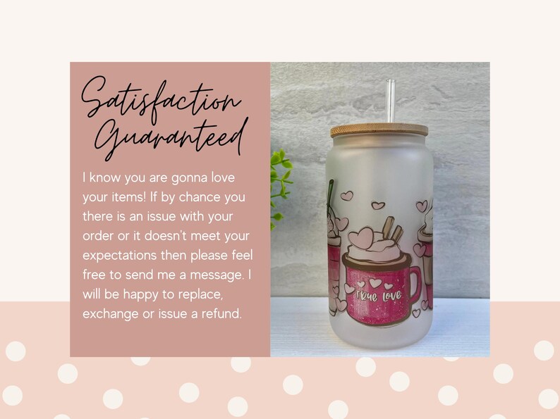 May include: A frosted glass tumbler with a bamboo lid and a straw. The tumbler has a pink and white design with a coffee cup and the words "true love".
