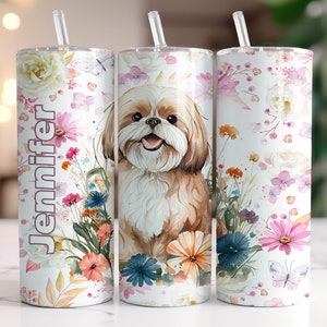 Shih Tzu Personalized Tumbler, Shih Tzu Gift, Dog Mom, Floral Tumbler 20oz with Straw