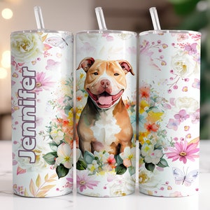 Red Pit Bull Personalized Tumbler, Dog Mom Gift, Pit Bull Lover, Floral Tumbler 20oz with Straw