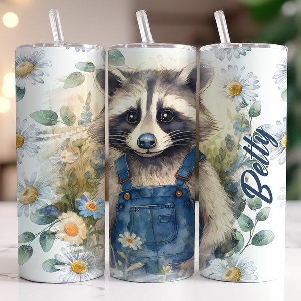 Raccoon Personalized Tumbler, Raccoon Gift, Daisy Floral 20 oz Tumbler with Straw