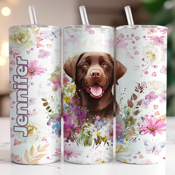 Chocolate Labrador Retriever Tumbler Personalized, Dog Mom Gift, Floral Tumbler 20oz with Straw