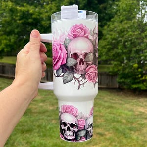 Pink Skull 40oz Tumbler, Gothic Tumbler, Spooky Rose Tumbler