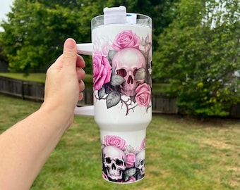 Pink Skull 40oz Tumbler, Gothic Tumbler, Spooky Rose Tumbler