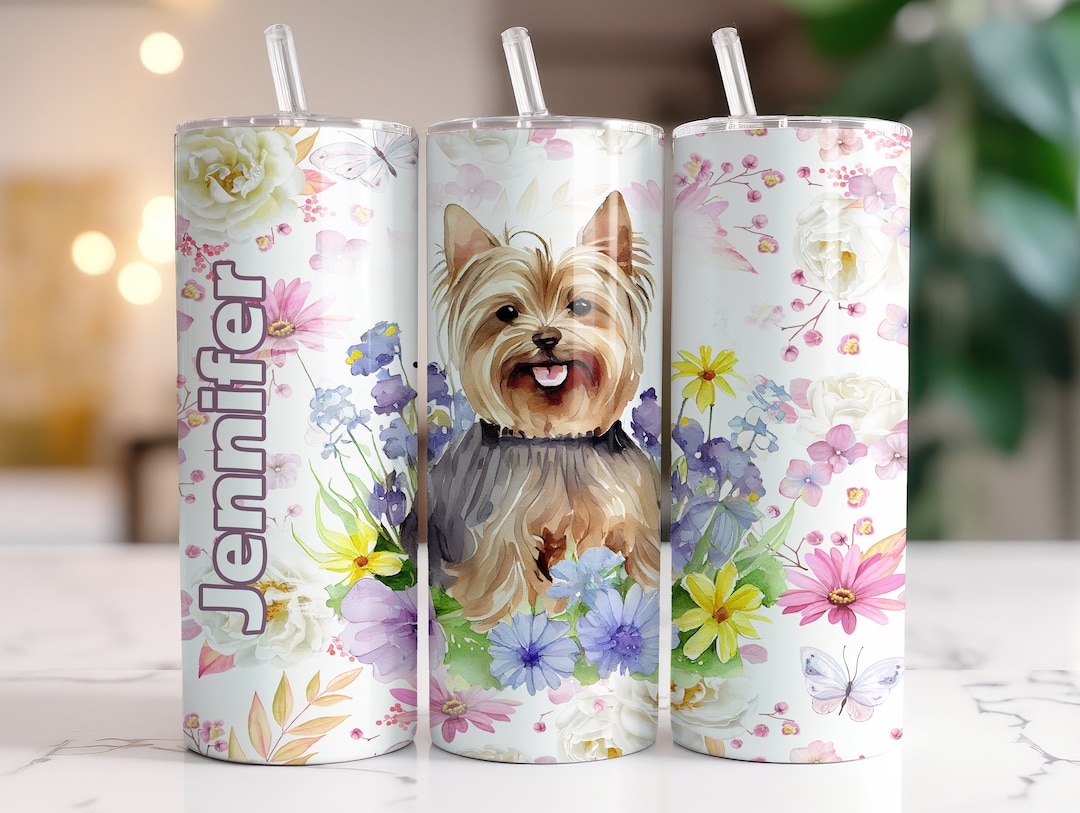 Yorkie Personalized Tumbler, Dog Mom Gift, Floral Tumbler 20oz With