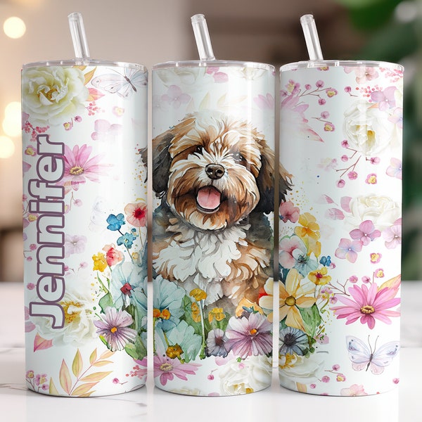 Yorkiepoo Personalized Tumbler, Dog Mom Gift, Floral Tumbler 20oz with Straw