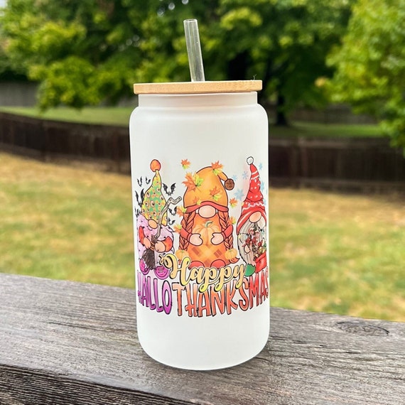 Happy Hallothanksmas Gnome Frosted Glass 16 Oz Cup Can Tumbler With Bamboo  Lid and Straw 