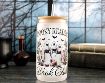 Spooky Readers Book Club Frosted Glass Cup 16oz with Bamboo Lid