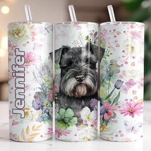 Mini Schnauzer Personalized Tumbler, Dog Mom Gift, Floral Tumbler 20oz with Straw