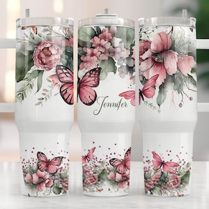 Personalized Butterfly Floral 40 oz Tumbler with Handle