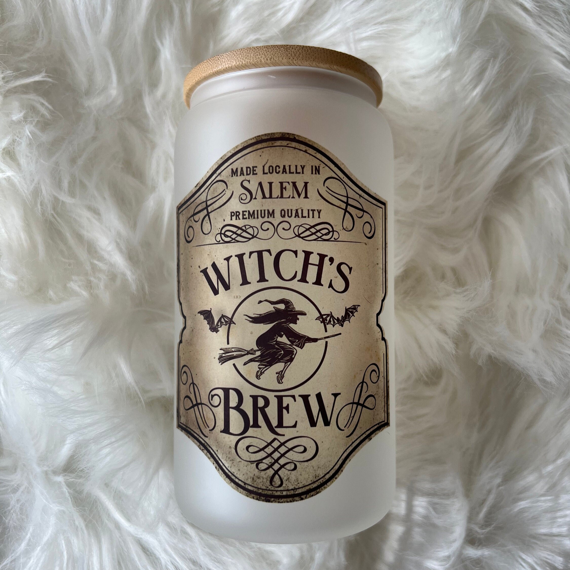 Witches Brew Frosted Glass Cup With Bamboo Lid and Straw, Funny Hallow –