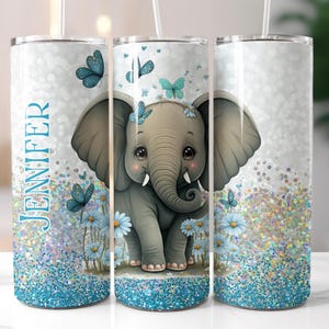 Elephant Faux Glitter Tumbler, Elephant Lover Gift, Personalized Tumbler with Straw