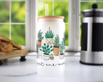 Plant Iced Coffee Cup Floral Frosted Glass 16 oz Cup Can Tumbler with Bamboo Lid and Straw