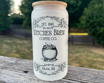 Witch's Brew Coffee Co Frosted Glass 16 oz Cup Can Tumbler with Bamboo Lid and Straw